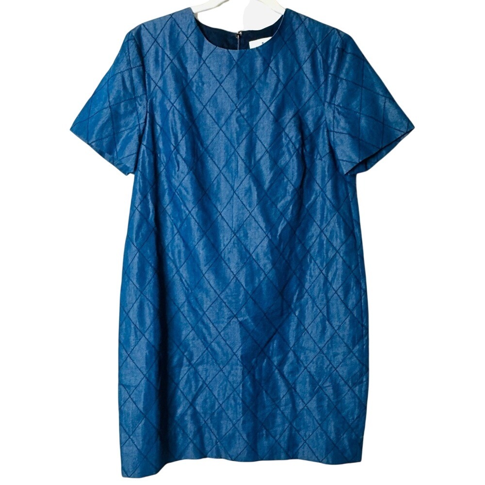 Kate Spade Quilted Chambray Shift Dress Sz 2 Dark Blue Short Sleeve Teacher